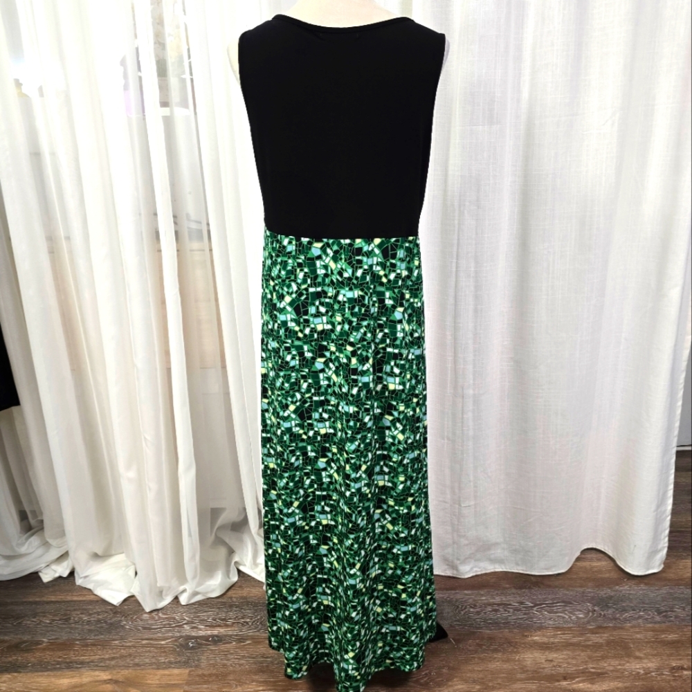 2/$30‎ Y2K Black & Green Geometric Print Babydoll Long Maxi Dress Sz L Phoebe - Picture 3 of 7